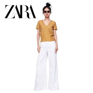 ZARA Short Sleeve Top w/Lettuce Trim: Dandelion Yellow/embedded metallic thread